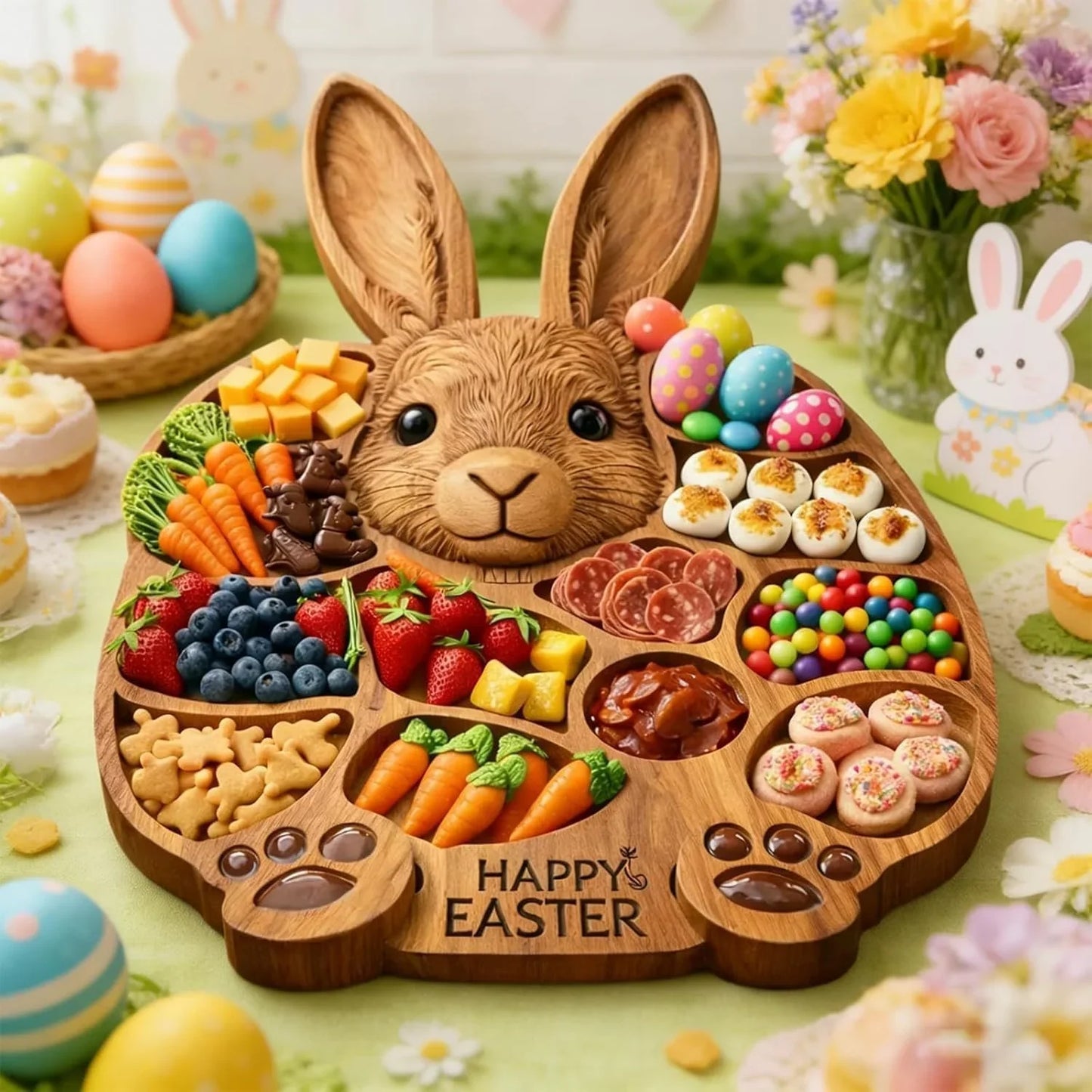 🐇🎁Easter Bunny Wooden Charcuterie Board, Serving Platter, Bunny Snack Tray, for Holiday, Kitchen, Decor